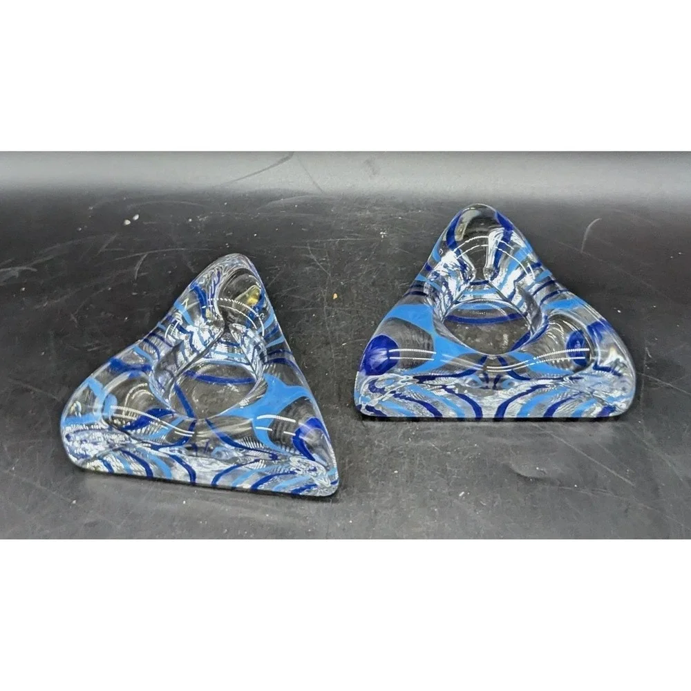 Set/2 Kosta Boda Piece Of Cake Triangle Signed Votive Candle Stripe Cobalt Blue